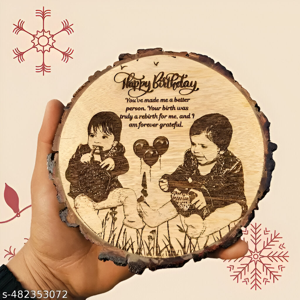 Personalized Engraved Natural Wooden Slice Photo Frame Customize Gift (Brown, Round Shape)