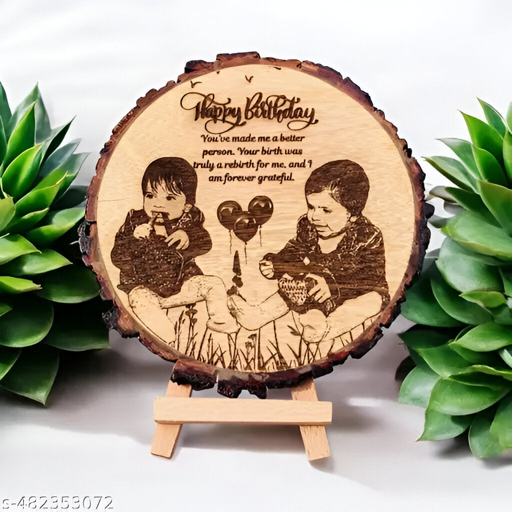 Personalized Engraved Natural Wooden Slice Photo Frame Customize Gift (Brown, Round Shape)